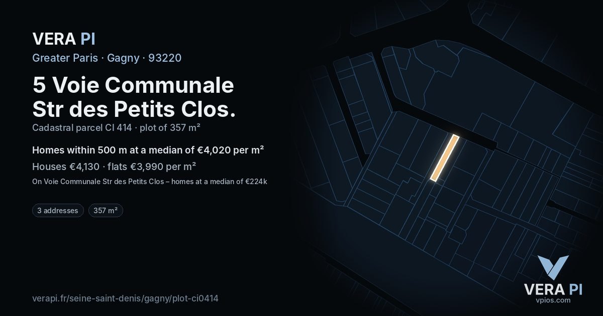 5 Voie Communale Str des Petits Clos, Gagny at night – the plot lit, the parcels around coloured by the prices near them