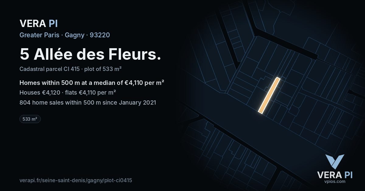 5 Allée des Fleurs, Gagny at night – the plot lit, the parcels around coloured by the prices near them