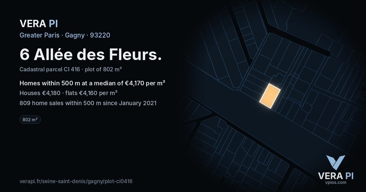 6 Allée des Fleurs, Gagny at night – the plot lit, the parcels around coloured by the prices near them