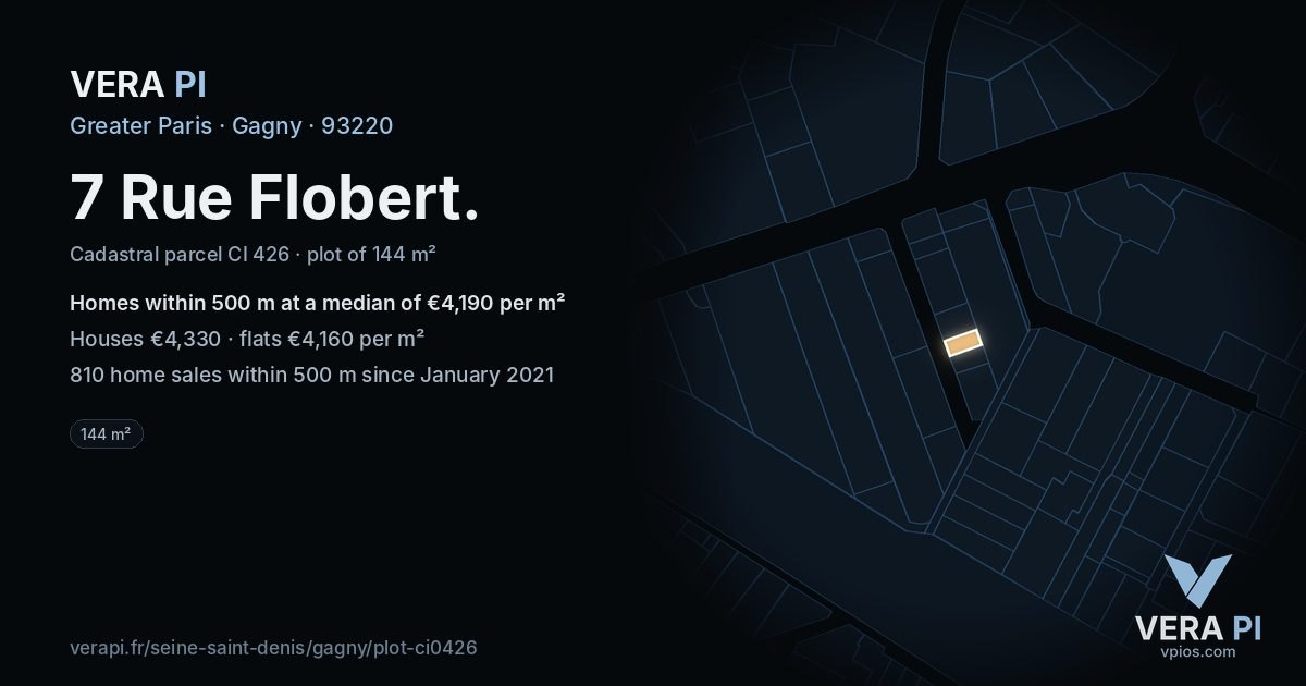 7 Rue Flobert, Gagny at night – the plot lit, the parcels around coloured by the prices near them