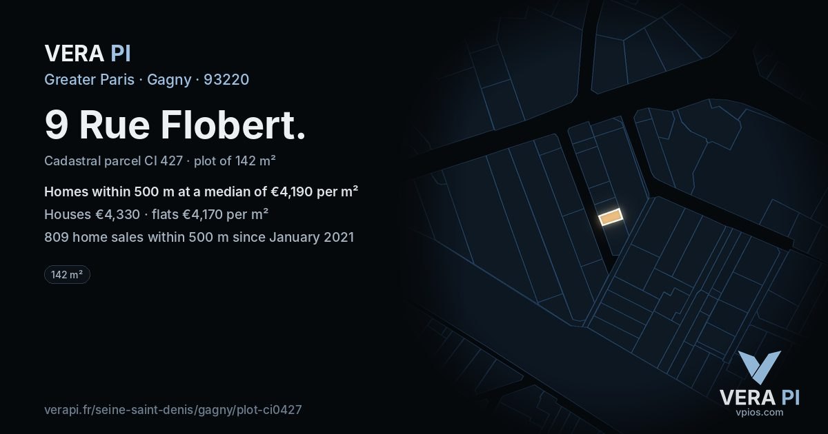 9 Rue Flobert, Gagny at night – the plot lit, the parcels around coloured by the prices near them