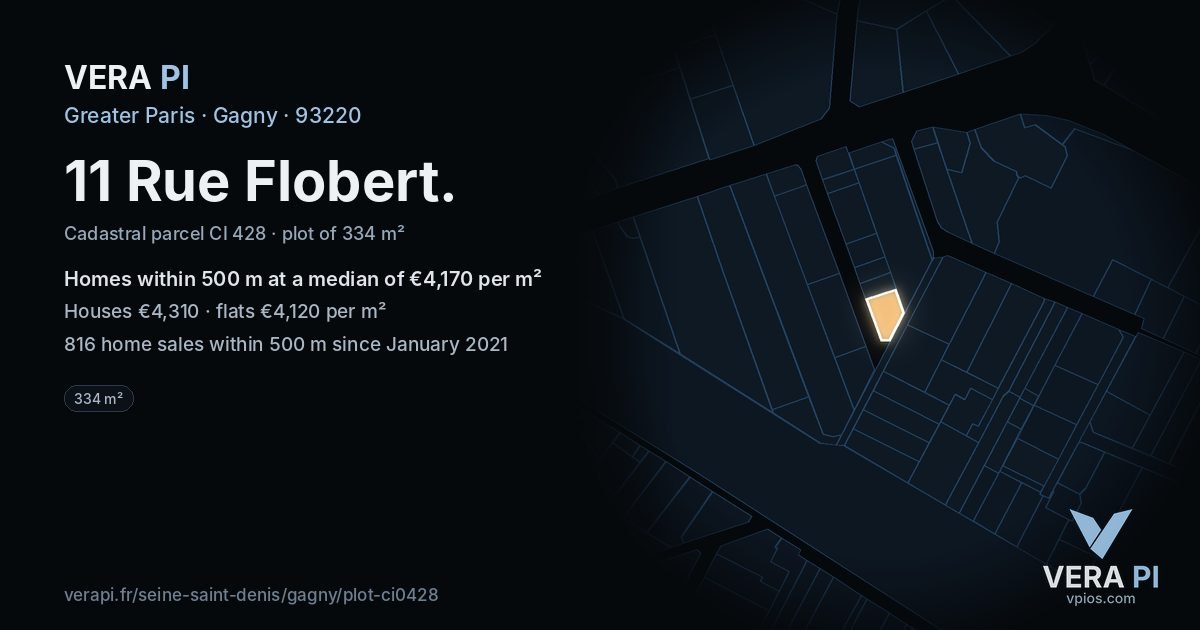 11 Rue Flobert, Gagny at night – the plot lit, the parcels around coloured by the prices near them