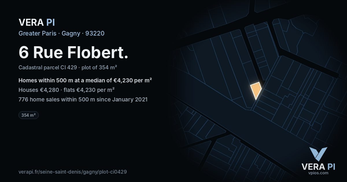 6 Rue Flobert, Gagny at night – the plot lit, the parcels around coloured by the prices near them