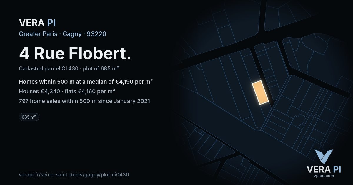 4 Rue Flobert, Gagny at night – the plot lit, the parcels around coloured by the prices near them
