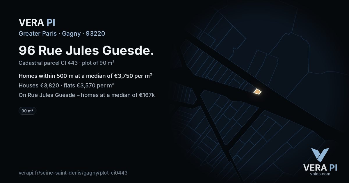 96 Rue Jules Guesde, Gagny at night – the plot lit, the parcels around coloured by the prices near them