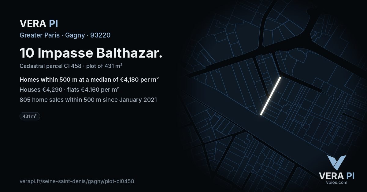 10 Impasse Balthazar, Gagny at night – the plot lit, the parcels around coloured by the prices near them