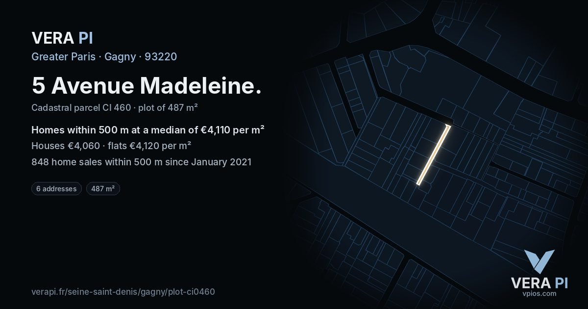 5 Avenue Madeleine, Gagny at night – the plot lit, the parcels around coloured by the prices near them