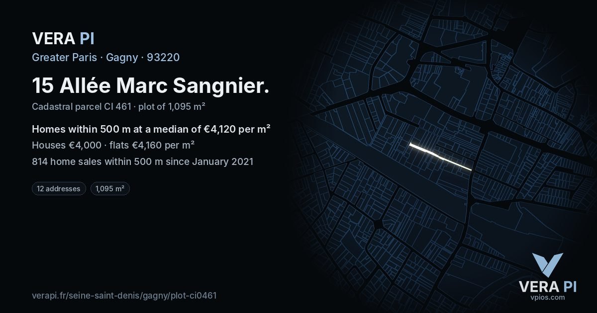 15 Allée Marc Sangnier, Gagny at night – the plot lit, the parcels around coloured by the prices near them