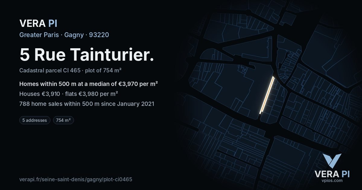 5 Rue Tainturier, Gagny at night – the plot lit, the parcels around coloured by the prices near them