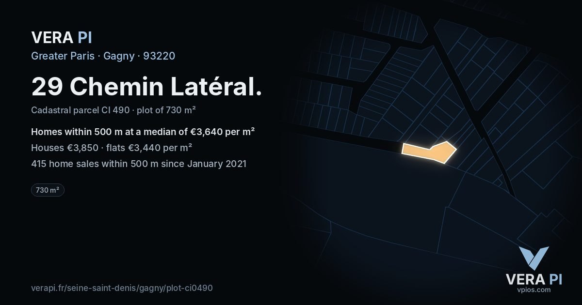 29 Chemin Latéral, Gagny at night – the plot lit, the parcels around coloured by the prices near them