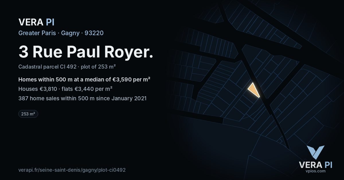 3 Rue Paul Royer, Gagny at night – the plot lit, the parcels around coloured by the prices near them