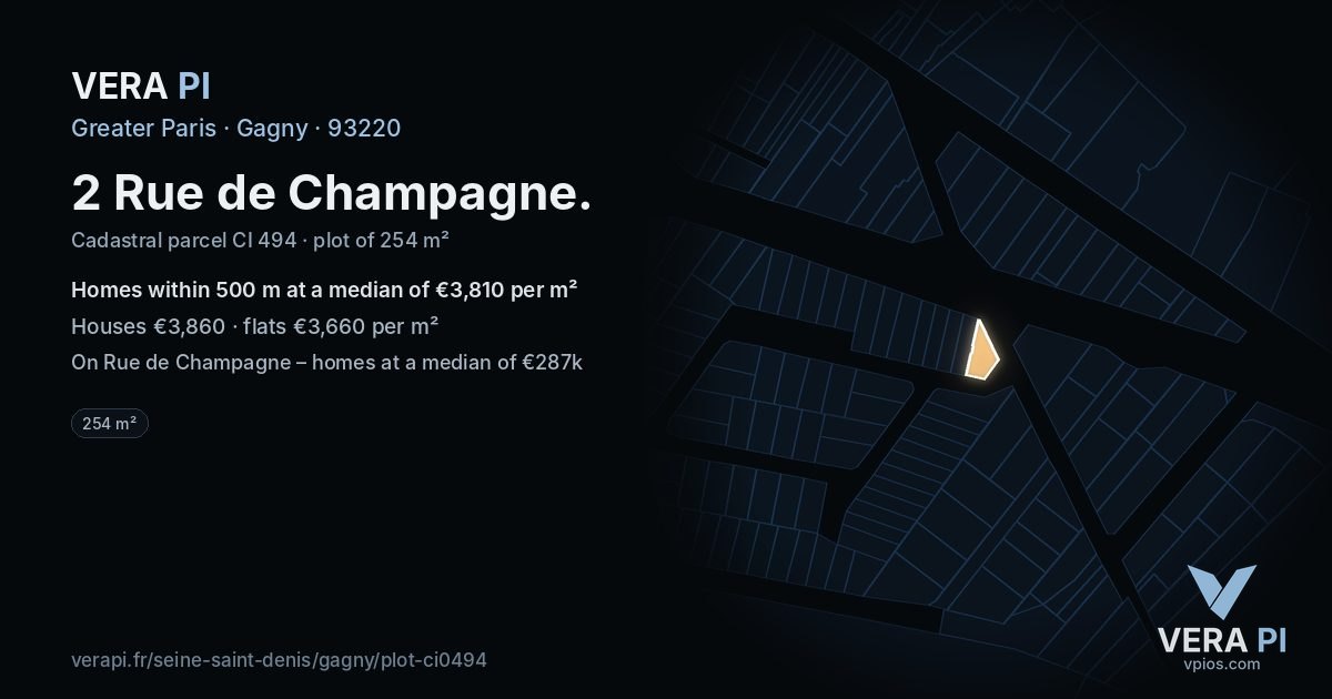 2 Rue de Champagne, Gagny at night – the plot lit, the parcels around coloured by the prices near them