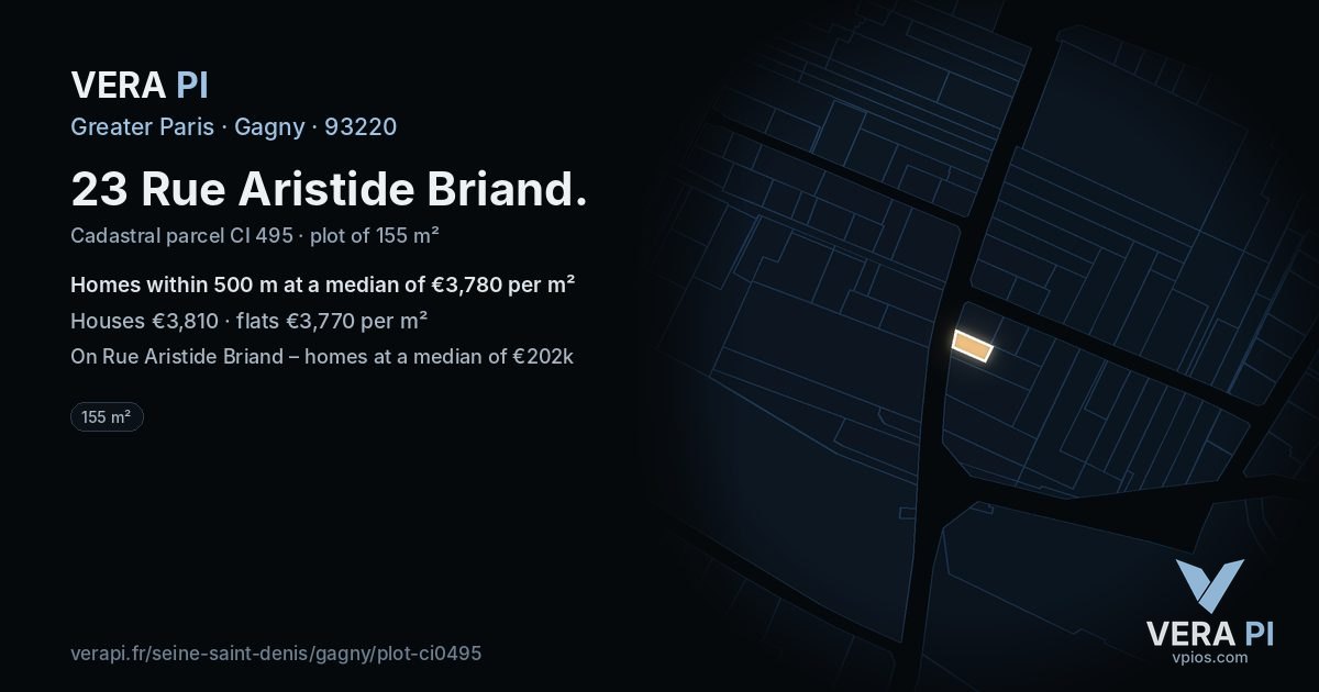 23 Rue Aristide Briand, Gagny at night – the plot lit, the parcels around coloured by the prices near them