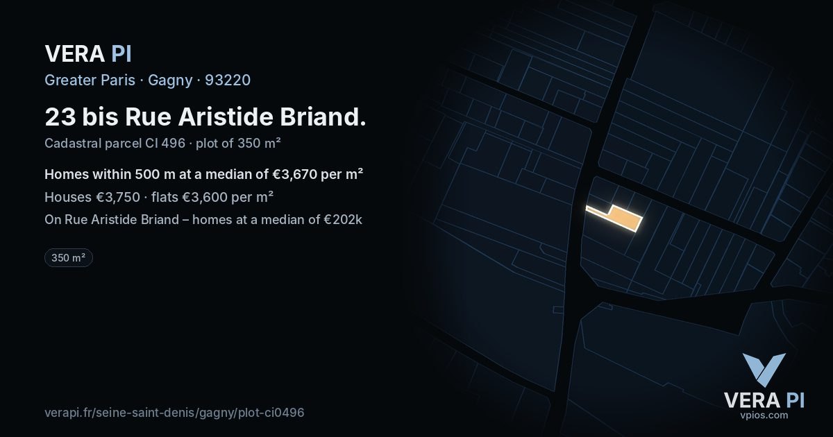 23 bis Rue Aristide Briand, Gagny at night – the plot lit, the parcels around coloured by the prices near them