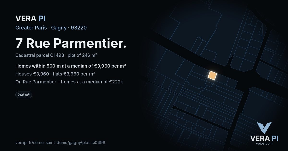 7 Rue Parmentier, Gagny at night – the plot lit, the parcels around coloured by the prices near them