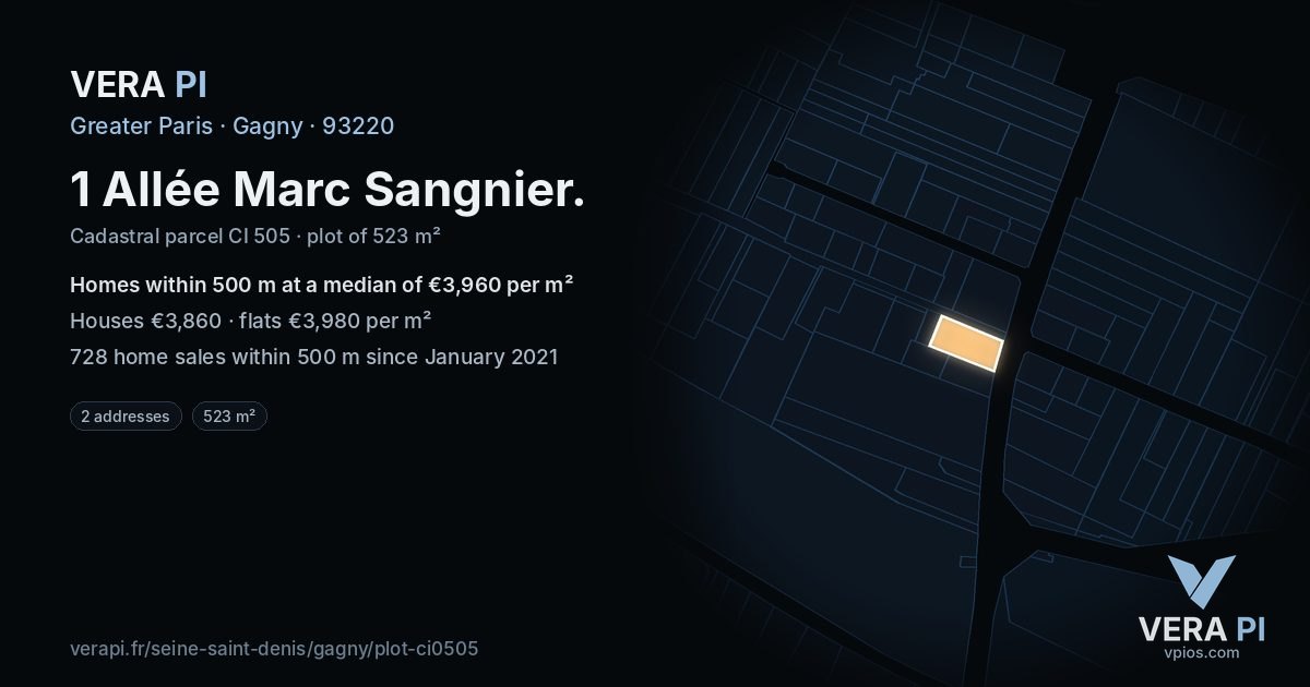 1 Allée Marc Sangnier, Gagny at night – the plot lit, the parcels around coloured by the prices near them