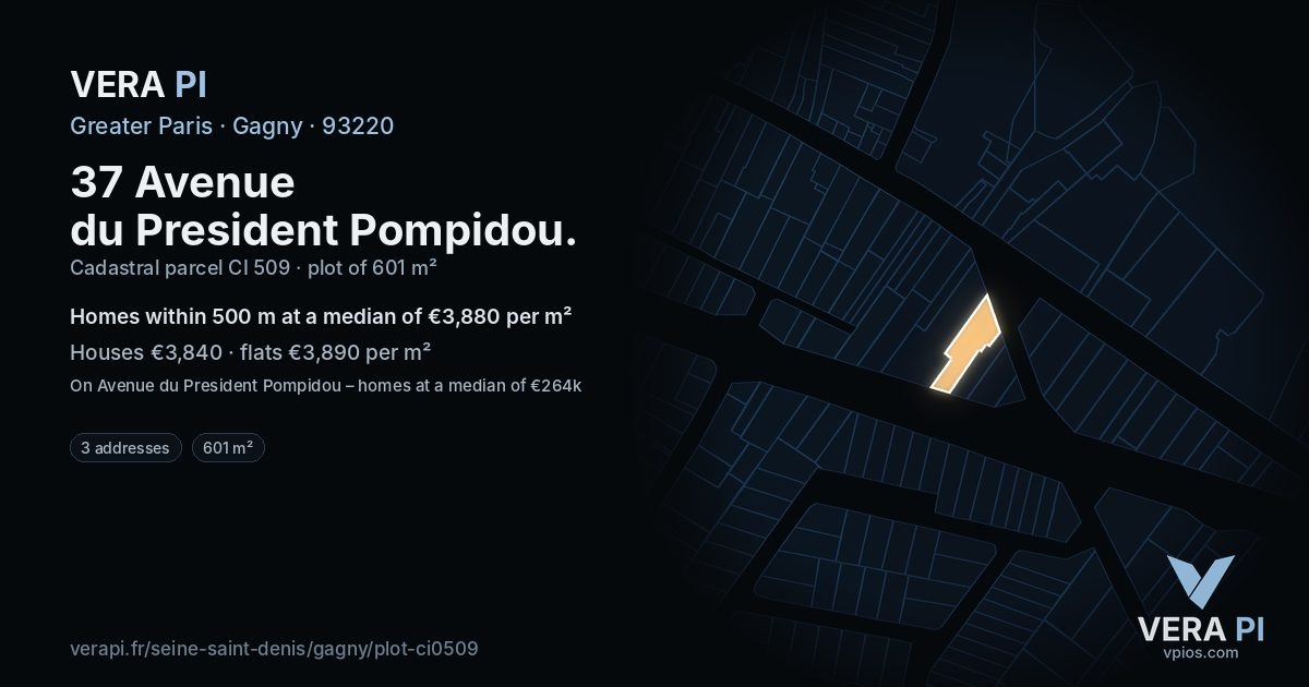 37 Avenue du President Pompidou, Gagny at night – the plot lit, the parcels around coloured by the prices near them