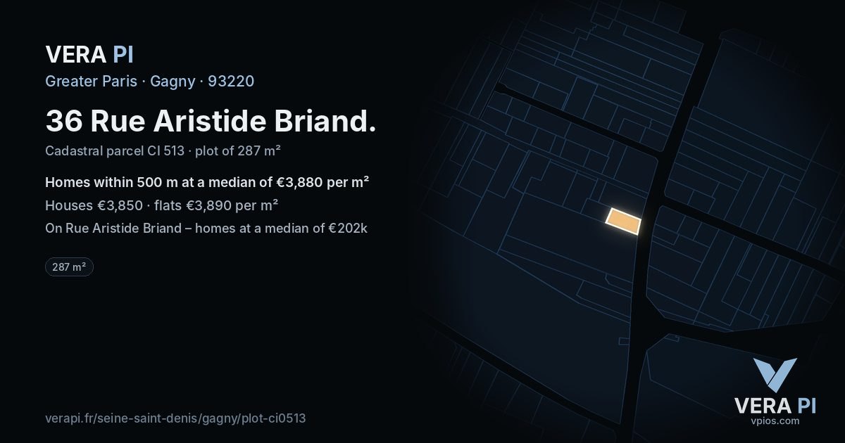 36 Rue Aristide Briand, Gagny at night – the plot lit, the parcels around coloured by the prices near them