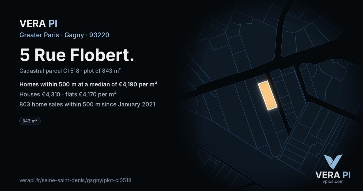 5 Rue Flobert, Gagny at night – the plot lit, the parcels around coloured by the prices near them