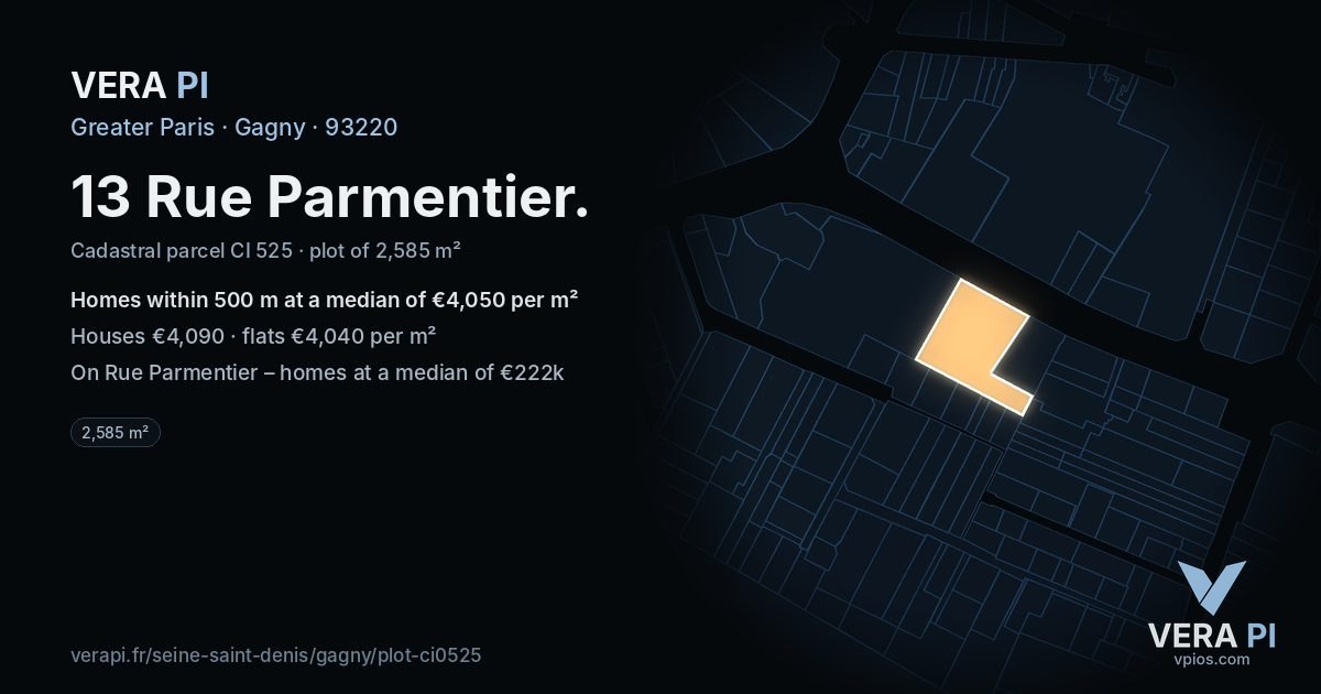 13 Rue Parmentier, Gagny at night – the plot lit, the parcels around coloured by the prices near them
