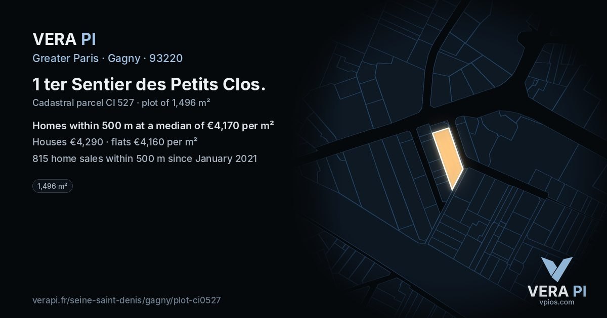 1 ter Sentier des Petits Clos, Gagny at night – the plot lit, the parcels around coloured by the prices near them