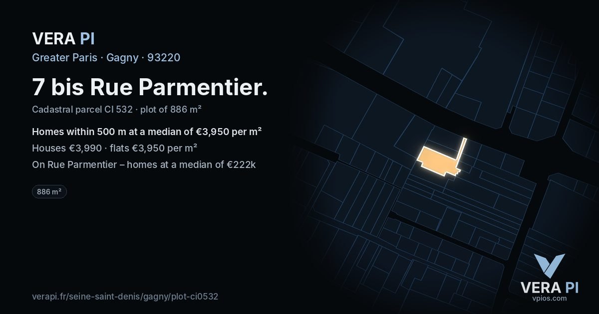 7 bis Rue Parmentier, Gagny at night – the plot lit, the parcels around coloured by the prices near them
