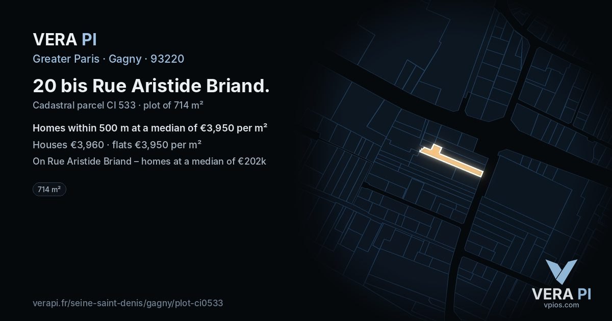 20 bis Rue Aristide Briand, Gagny at night – the plot lit, the parcels around coloured by the prices near them