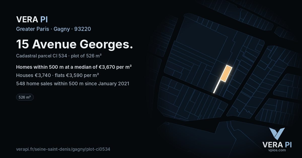 15 Avenue Georges, Gagny at night – the plot lit, the parcels around coloured by the prices near them