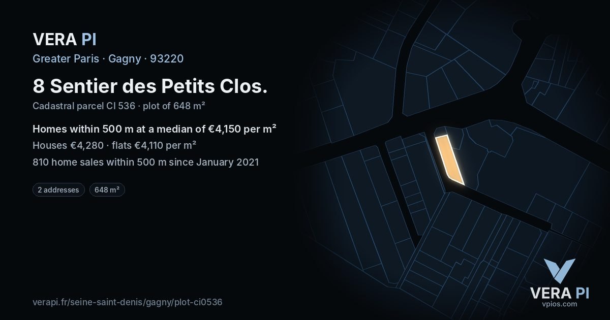 8 Sentier des Petits Clos, Gagny at night – the plot lit, the parcels around coloured by the prices near them