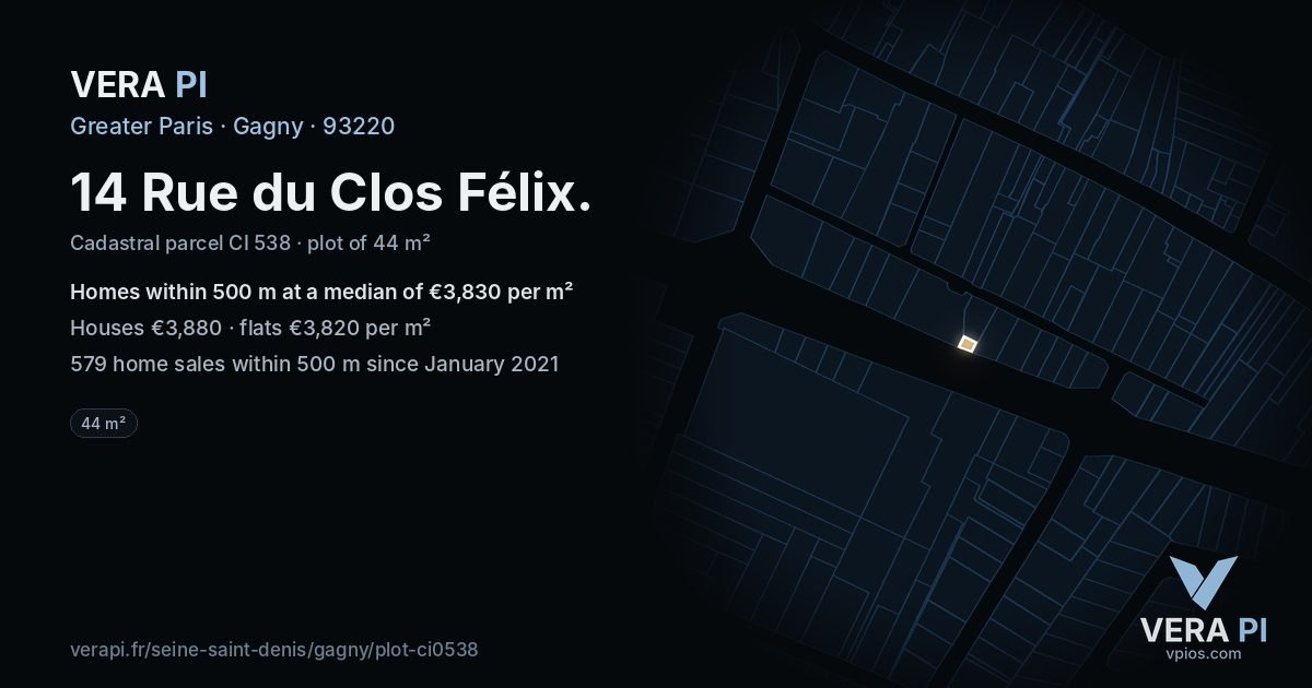 14 Rue du Clos Félix, Gagny at night – the plot lit, the parcels around coloured by the prices near them