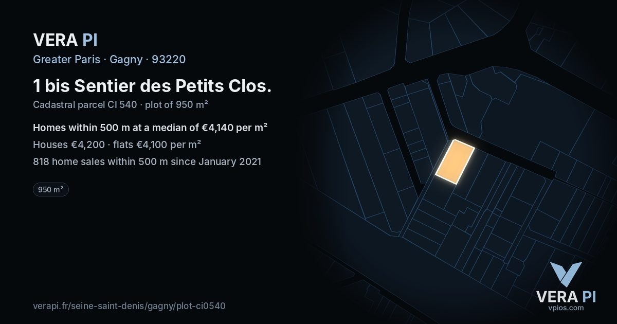 1 bis Sentier des Petits Clos, Gagny at night – the plot lit, the parcels around coloured by the prices near them
