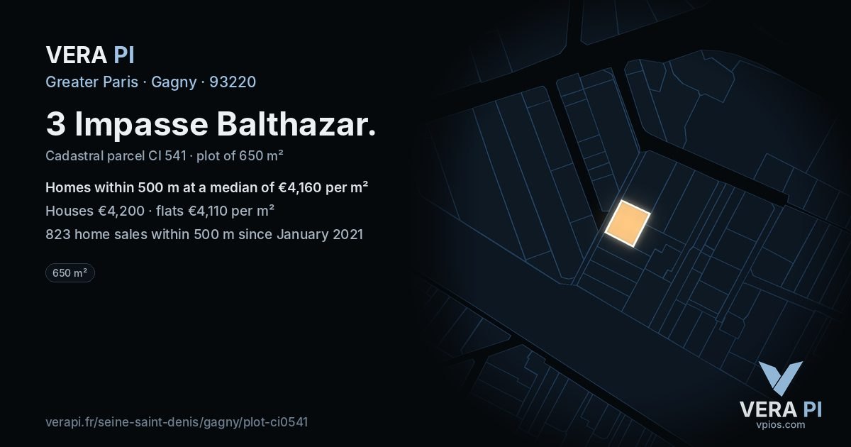 3 Impasse Balthazar, Gagny at night – the plot lit, the parcels around coloured by the prices near them