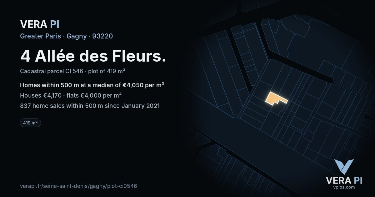 4 Allée des Fleurs, Gagny at night – the plot lit, the parcels around coloured by the prices near them