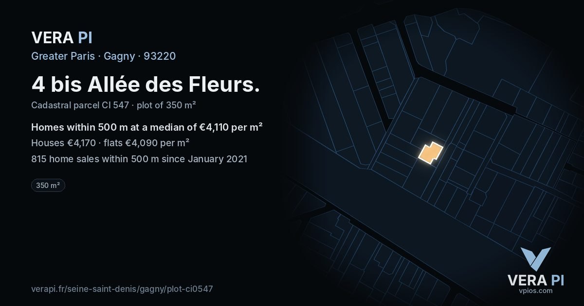 4 bis Allée des Fleurs, Gagny at night – the plot lit, the parcels around coloured by the prices near them