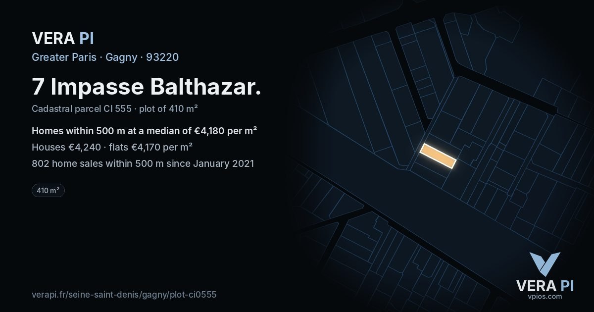 7 Impasse Balthazar, Gagny at night – the plot lit, the parcels around coloured by the prices near them