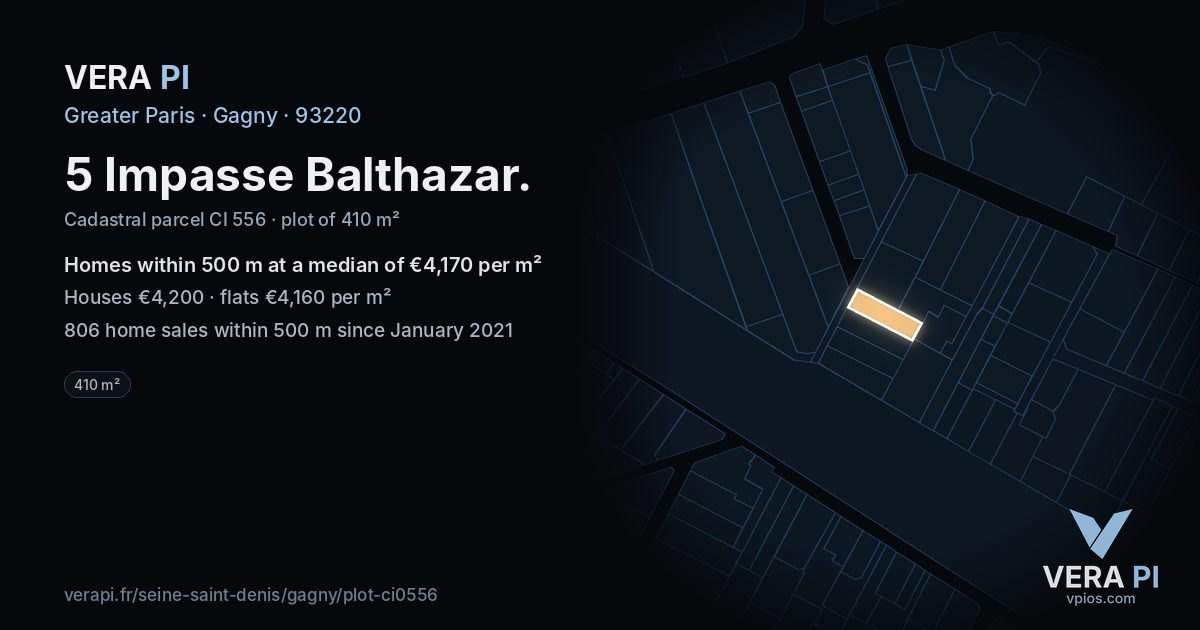 5 Impasse Balthazar, Gagny at night – the plot lit, the parcels around coloured by the prices near them