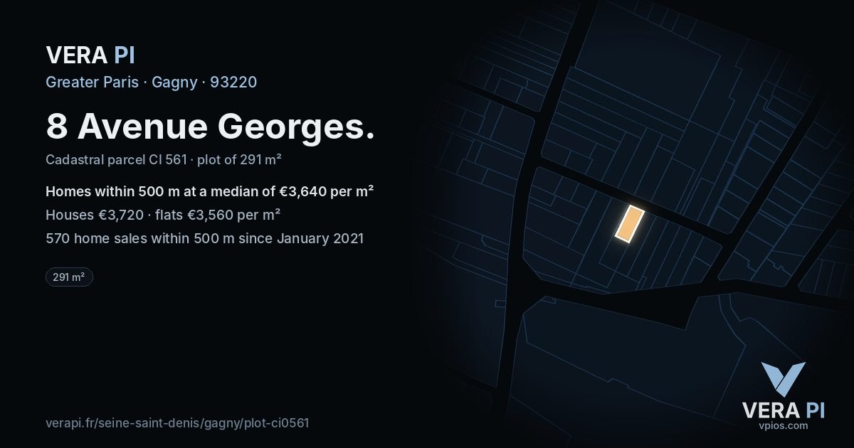 8 Avenue Georges, Gagny at night – the plot lit, the parcels around coloured by the prices near them