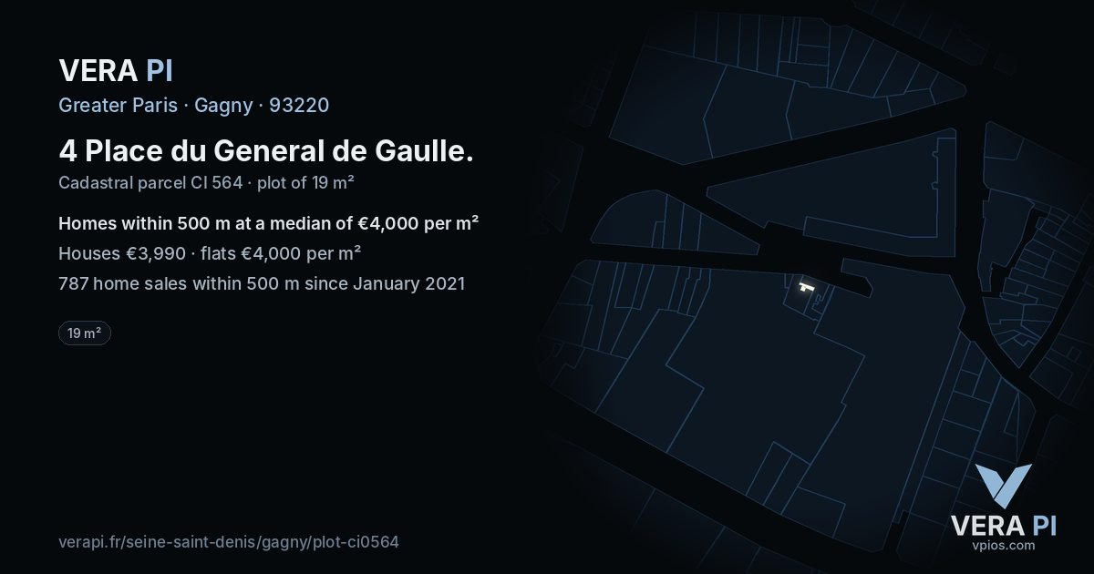 4 Place du General de Gaulle, Gagny at night – the plot lit, the parcels around coloured by the prices near them