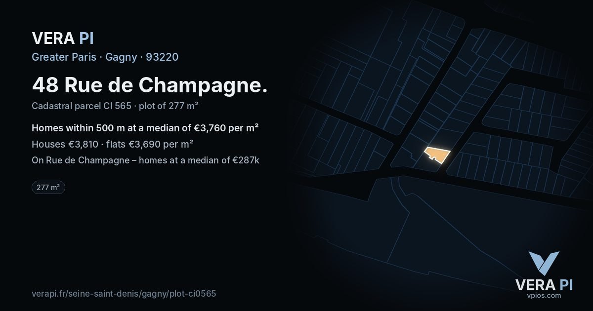48 Rue de Champagne, Gagny at night – the plot lit, the parcels around coloured by the prices near them