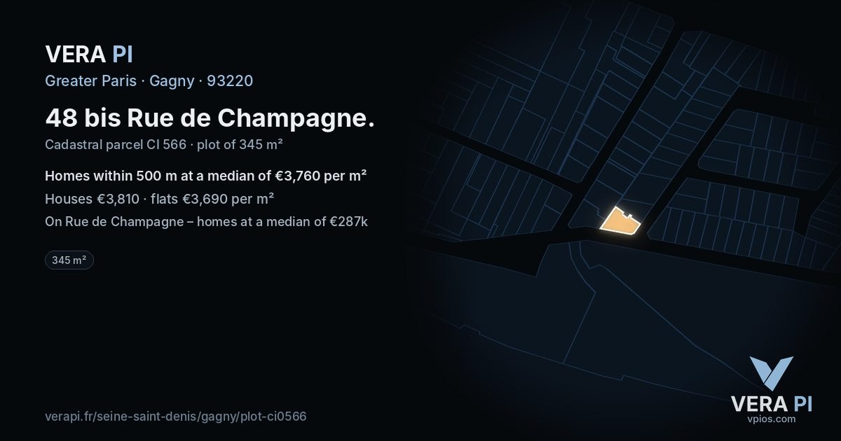 48 bis Rue de Champagne, Gagny at night – the plot lit, the parcels around coloured by the prices near them