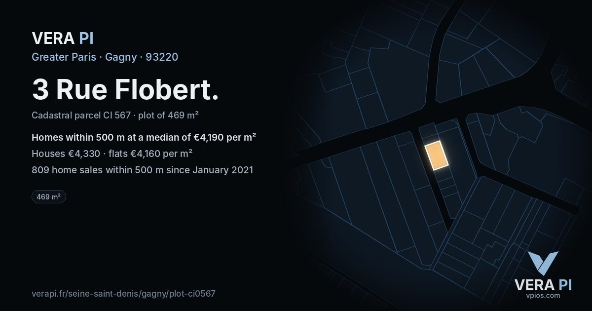 3 Rue Flobert, Gagny at night – the plot lit, the parcels around coloured by the prices near them