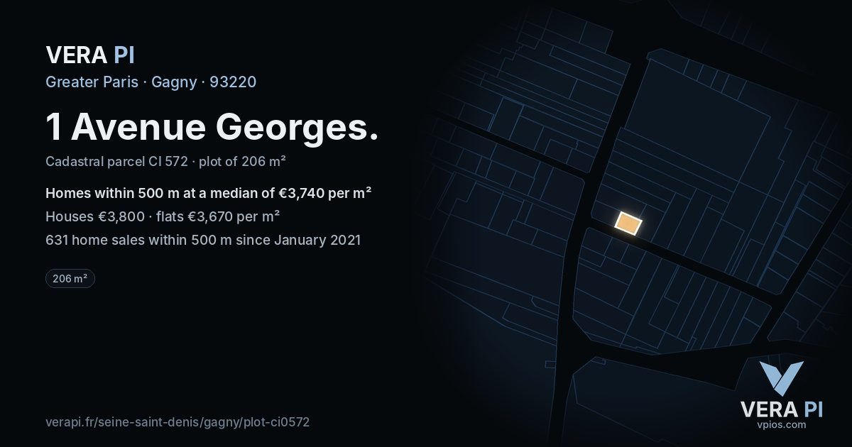 1 Avenue Georges, Gagny at night – the plot lit, the parcels around coloured by the prices near them