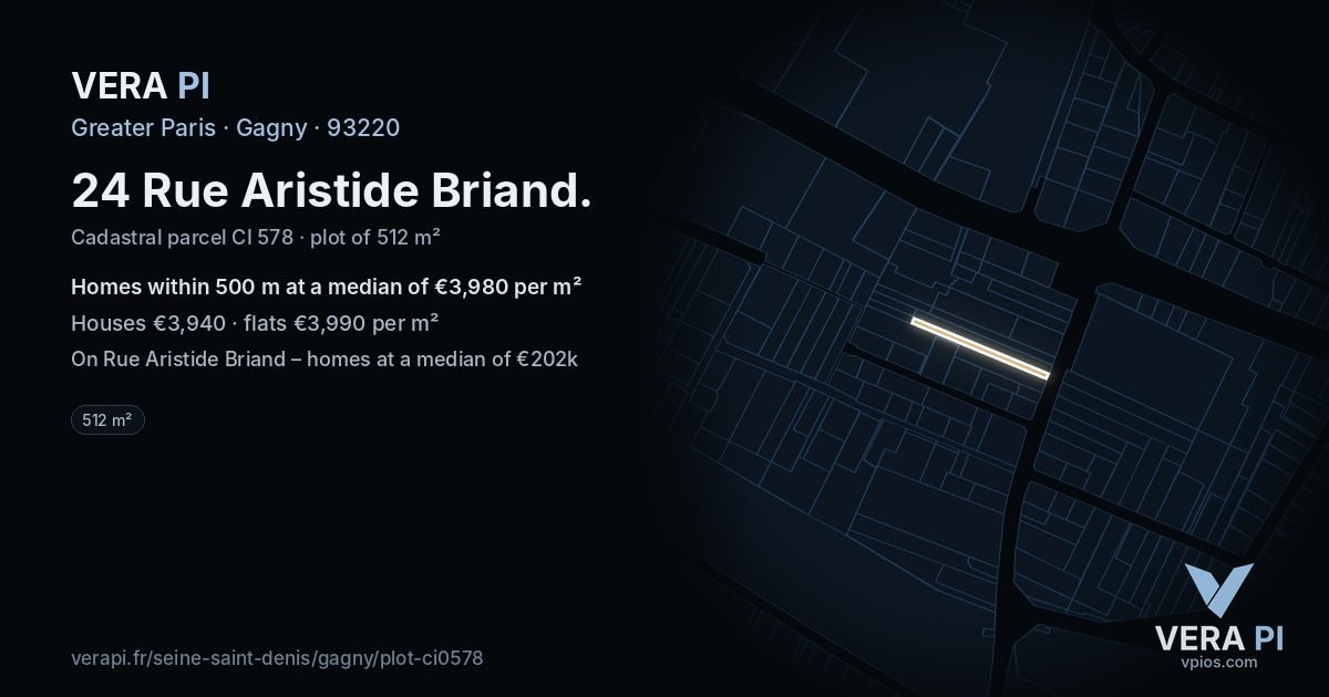 24 Rue Aristide Briand, Gagny at night – the plot lit, the parcels around coloured by the prices near them