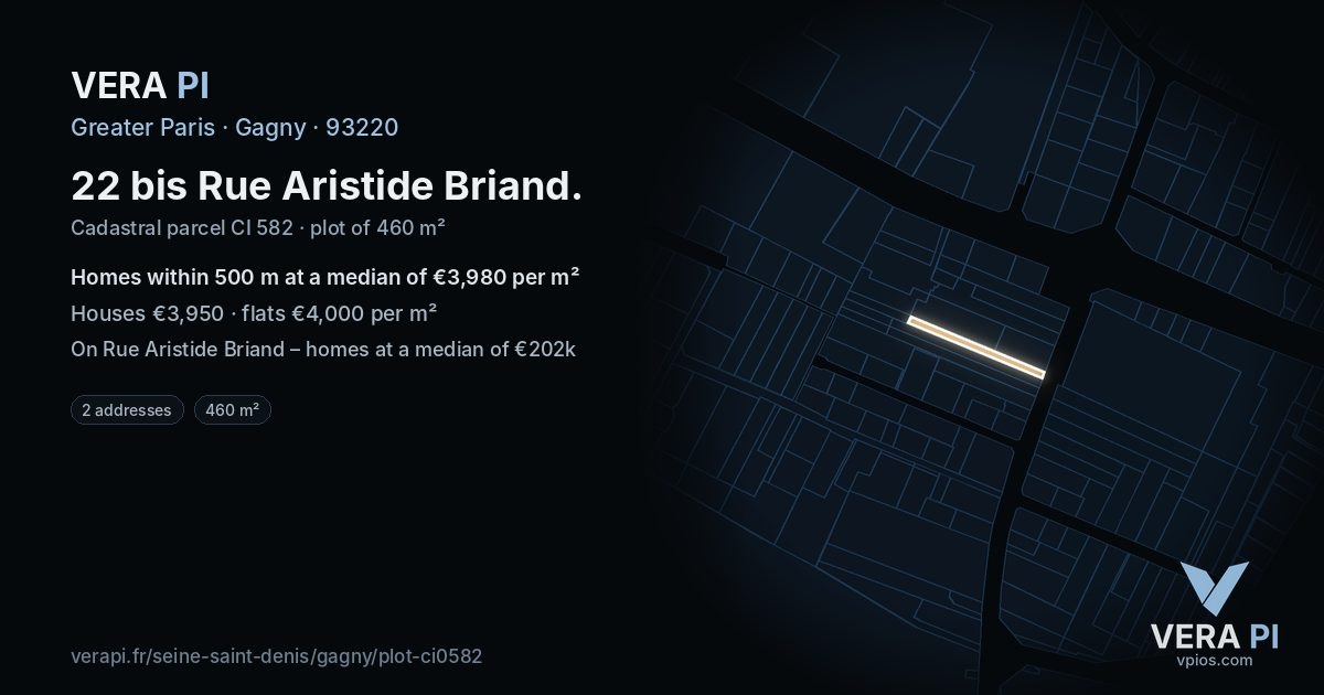 22 bis Rue Aristide Briand, Gagny at night – the plot lit, the parcels around coloured by the prices near them
