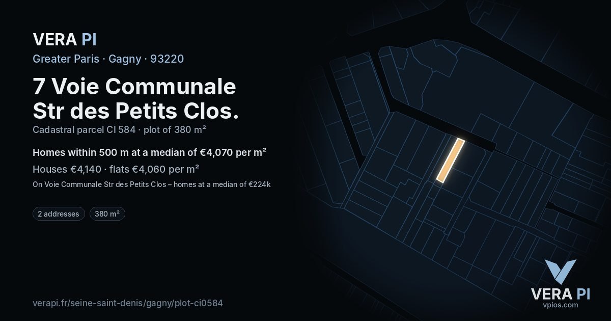 7 Voie Communale Str des Petits Clos, Gagny at night – the plot lit, the parcels around coloured by the prices near them
