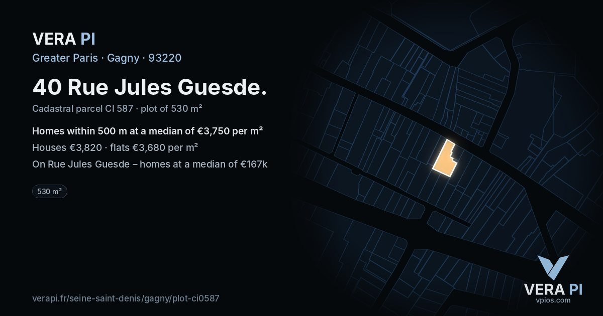 40 Rue Jules Guesde, Gagny at night – the plot lit, the parcels around coloured by the prices near them