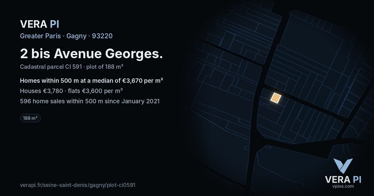 2 bis Avenue Georges, Gagny at night – the plot lit, the parcels around coloured by the prices near them