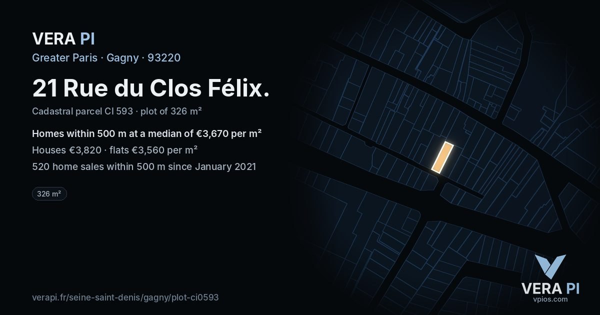 21 Rue du Clos Félix, Gagny at night – the plot lit, the parcels around coloured by the prices near them