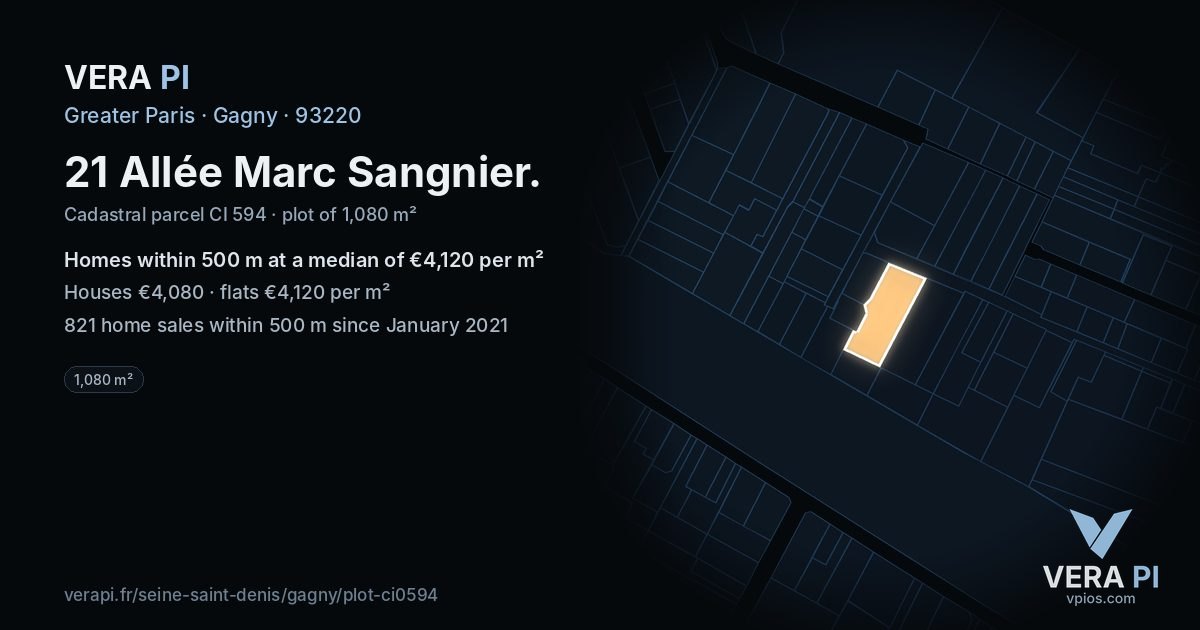 21 Allée Marc Sangnier, Gagny at night – the plot lit, the parcels around coloured by the prices near them
