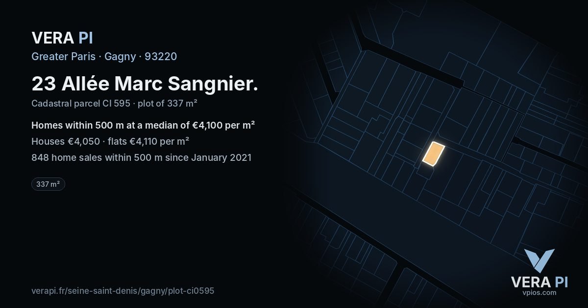 23 Allée Marc Sangnier, Gagny at night – the plot lit, the parcels around coloured by the prices near them